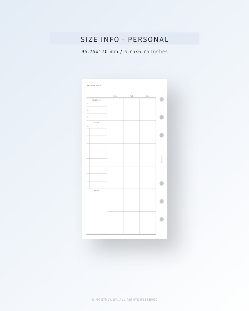 May include: A black and white printable monthly planner template with the text "MONTH PLAN" at the top. The planner is designed for personal use and measures 3.75 by 6.75 inches.
