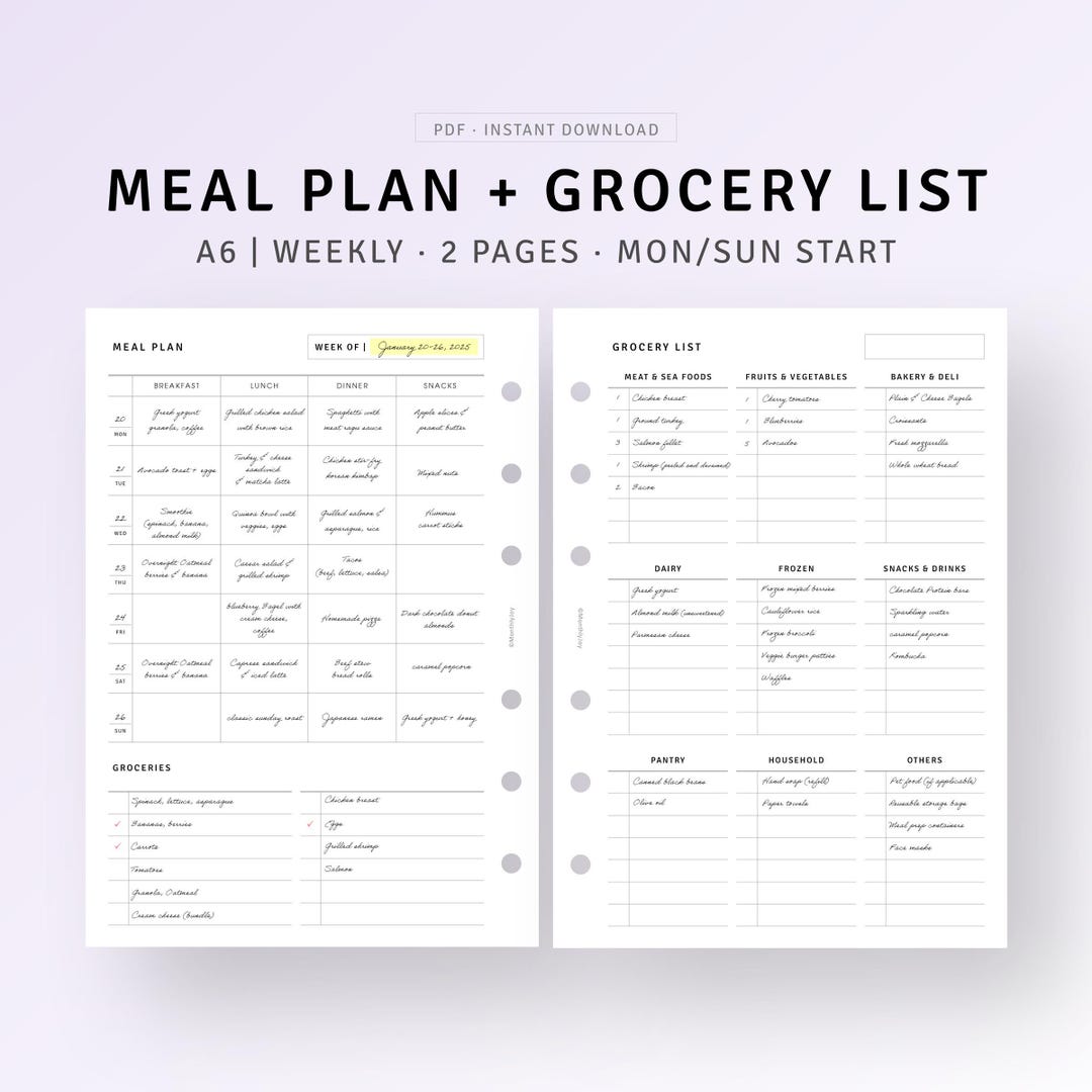 A6, Weekly Meal Planner With Grocery List Printable Daily Food Planner ...