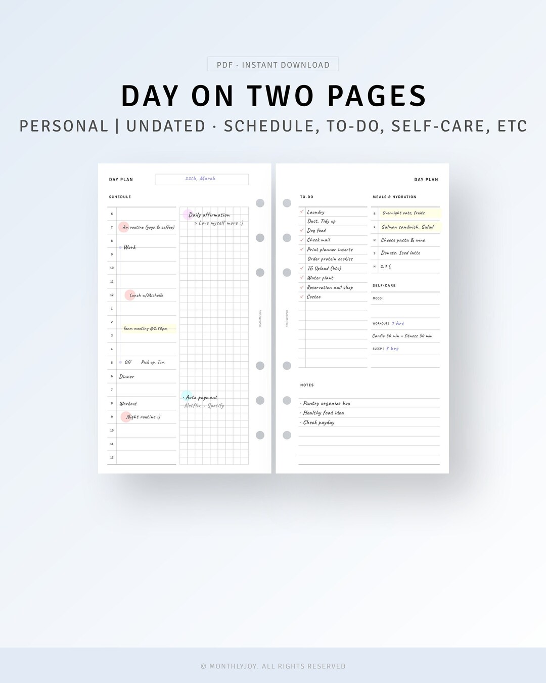 Personal, Simple Daily Planner Printable Day on Two Pages, to Do List ...