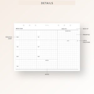 A5 Size, Week on One Page Printable Undated Weekly Planner Pages PDF ...