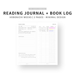 May include: A minimalist reading journal and book log, designed for Hobonichi Weeks. The layout includes sections for title, author, start and complete dates, and space for notes and favorite quotes. The book log has space to track reading progress.