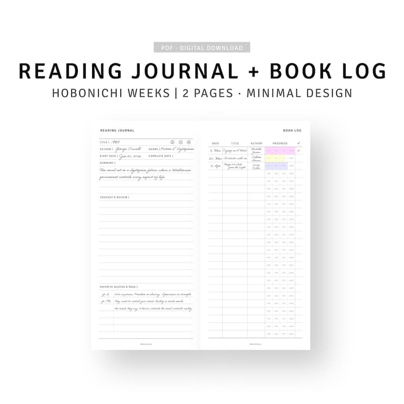 May include: A minimalist reading journal and book log, designed for Hobonichi Weeks. The layout includes sections for title, author, start and complete dates, and space for notes and favorite quotes. The book log has space to track reading progress.