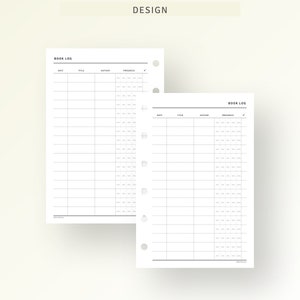 May include: Two printable book log pages with columns for date, title, author, progress, and a checkmark. The pages are designed for use in a planner or journal.