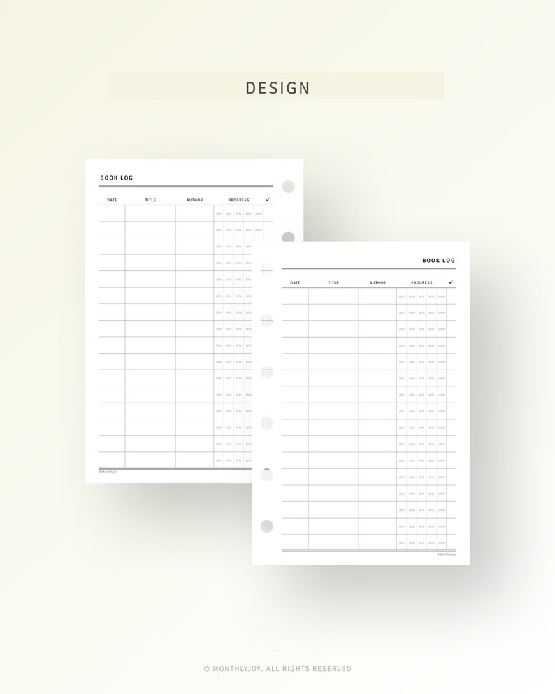 May include: Two printable book log pages with columns for date, title, author, progress, and a checkmark. The pages are designed for use in a planner or journal.