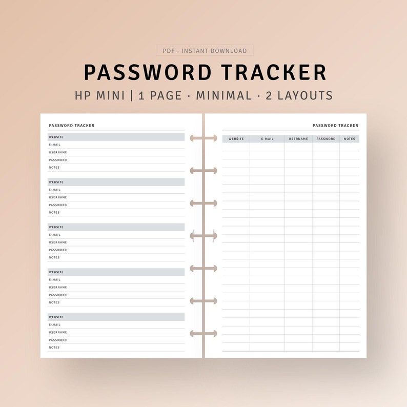 Password Tracker HP Mini Inserts Printable, Password Log Template ...