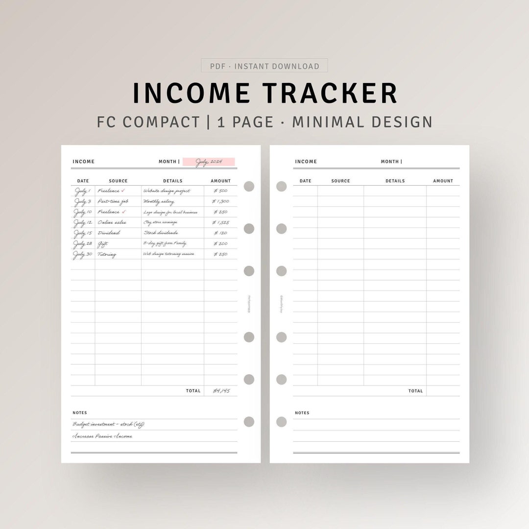 Income Tracker Printable Financial Money Log, Monthly Earning Overview ...