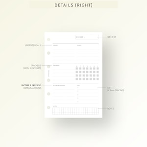 Puede incluir: Una p&aacute;gina de planificador blanca con secciones para "Urgente | Metas", "Seguimiento (Lun, Dom Inicio)", "Ingresos y gastos Detalles, Cantidad", "Semana de", "Lista (4,8 mm de espacio)" y "Notas".