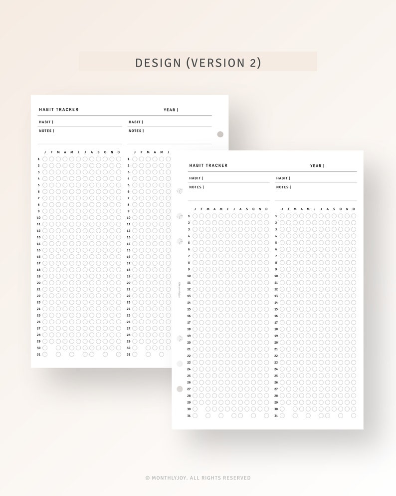 Op de afbeelding: Twee zwart-witte habit tracker pagina's met een raster van cirkels voor elke dag van de maand. De pagina's zijn gelabeld met de maanden januari tot en met december en hebben ruimte voor notities en gewoontenamen.