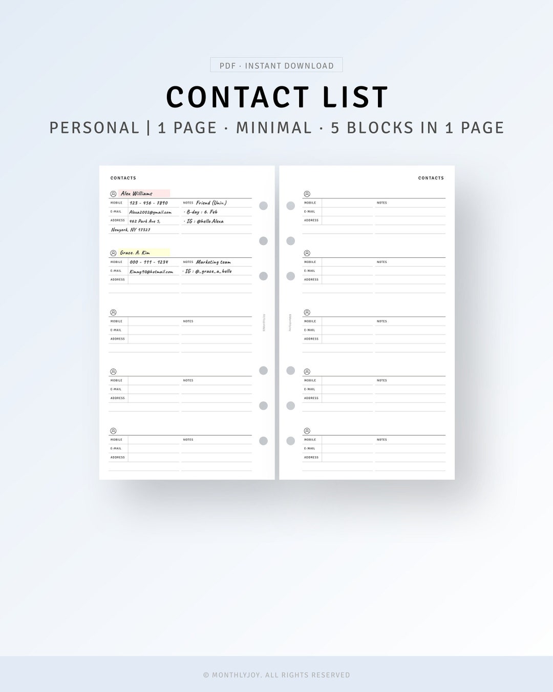Personal Contacts List Sheet Printable Emergency Contacts - Etsy