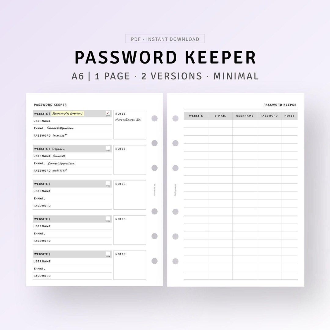 Password Tracker Printable A6 Inserts, Website Login Password Log ...