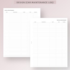May include: Two printable car maintenance log pages with columns for date, description, shop, cost, and mileage. The pages are designed to help you keep track of your car's maintenance.
