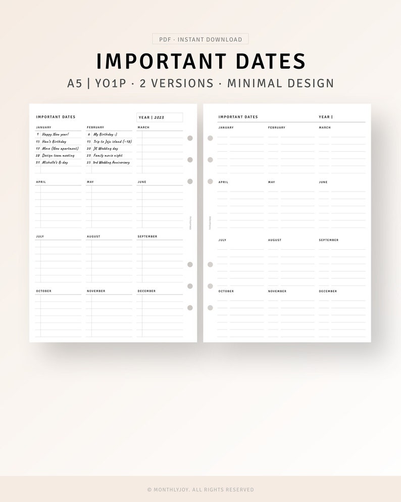 Puede incluir: Un planificador A5 imprimible con dos versiones de un calendario anual. El calendario est&aacute; dise&ntilde;ado para fechas importantes y tiene un dise&ntilde;o minimalista. El calendario est&aacute; dividido en meses y tiene espacio para escribir fechas.