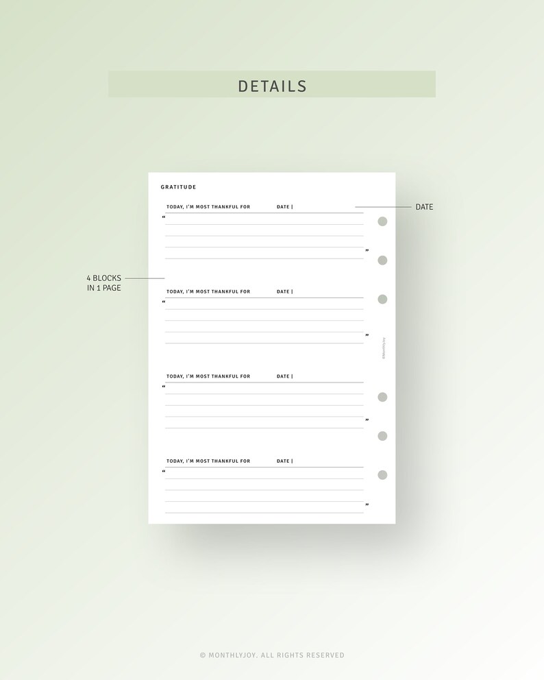 Gratitude Journal Inserts Printable Affirmation Mindfulness Journal Template, Simple Gratitude Log Planner, Personal Wide, Digital Download image 3