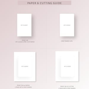 K&ouml;nnte beinhalten: Eine Anleitung zum Drucken und Schneiden von Papier f&uuml;r ein Projekt. Die Anleitung zeigt vier verschiedene M&ouml;glichkeiten zum Drucken auf HP Classic Papier, darunter vorgefertigtes Papier, A4 Papier mit Schnittmarken und US Letter Papier mit Schnittmarken.