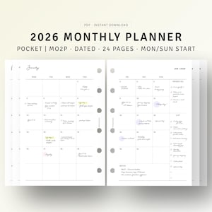 May include: A white 2026 monthly planner with a pocket size design. The planner includes dated pages with a Monday/Sunday start. The January calendar is open, showing daily entries and a list of priorities.