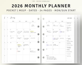 Maandplanner 2026 afdrukbare gedateerde kalender Pocket Inserts vullingen, minimalistische maandelijkse planning pagina's, maand op 2 pagina's, Instant Download