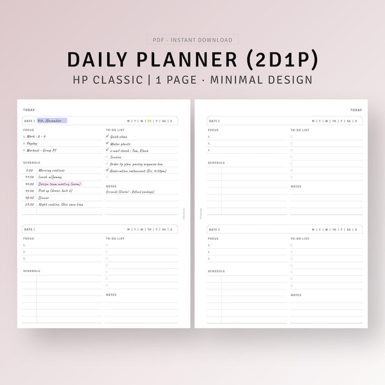 Minimalist Daily Planner Printable HP Classic Inserts, 2 Days on 1 Page ...