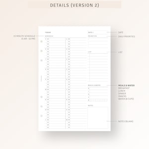 Peut inclure: Une page de planificateur imprimable avec un horaire de 15 minutes de 5 h &agrave; 22 h, une liste de priorit&eacute;s quotidiennes, un journal des repas et de l'eau et une section de notes.