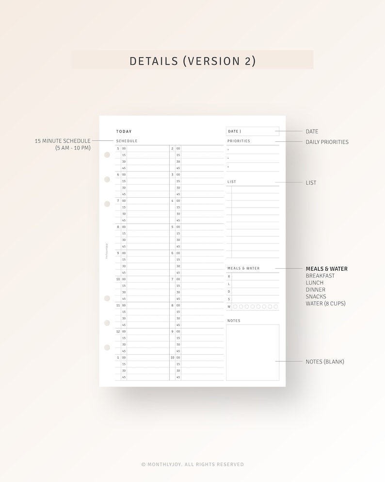 Peut inclure: Une page de planificateur imprimable avec un horaire de 15 minutes de 5 h &agrave; 22 h, une liste de priorit&eacute;s quotidiennes, un journal des repas et de l'eau et une section de notes.