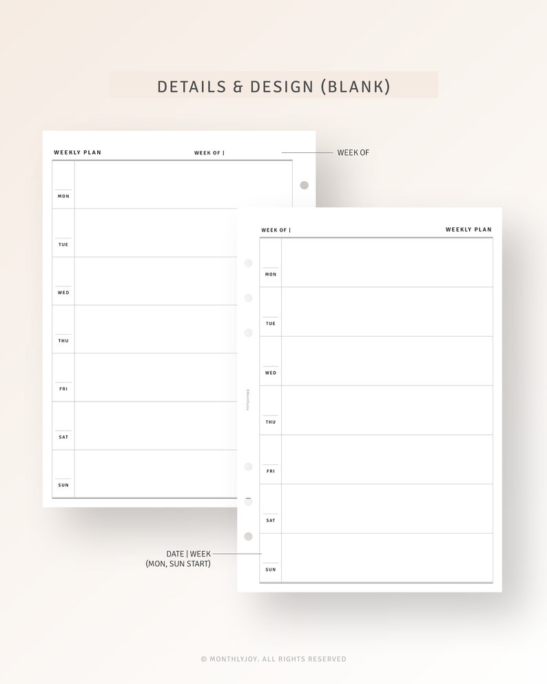 A5 Size, Week on One Page Printable Undated Weekly Planner PDF Template ...