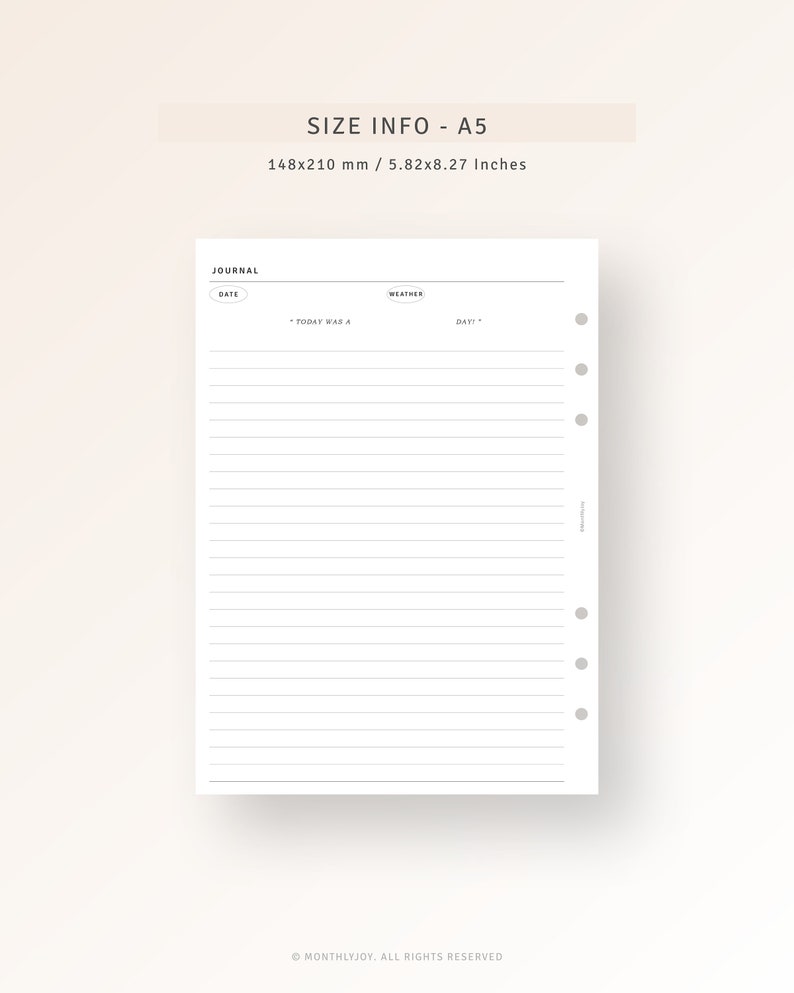 May include: A blank, white journal page with a lined design. The page has a header that says "Journal" and includes spaces for the date and weather. The page is designed for an A5 size planner, which is 5.82 inches by 8.27 inches.