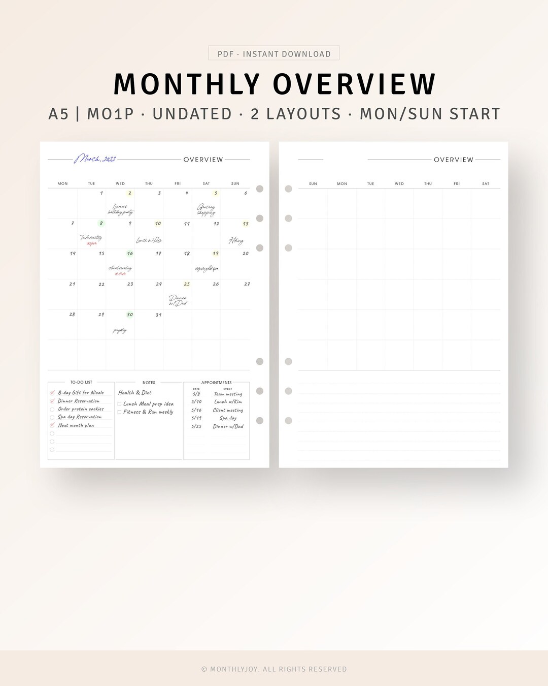 A5 Size, Monthly Overview Printable Month on One Page, MO1P Inserts, Undated Monthly Planner PDF ...