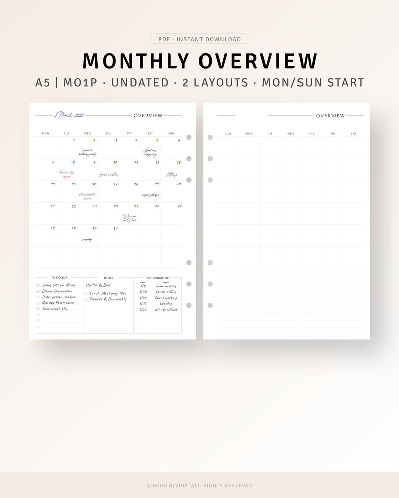 A5 Size Monthly Overview Printable Month on One Page MO1P - Etsy