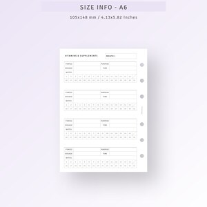 May include: A printable A6 planner page for tracking vitamins and supplements. The page is divided into four sections, each with columns for item, dosage, purpose, and time. The page is designed for monthly use.