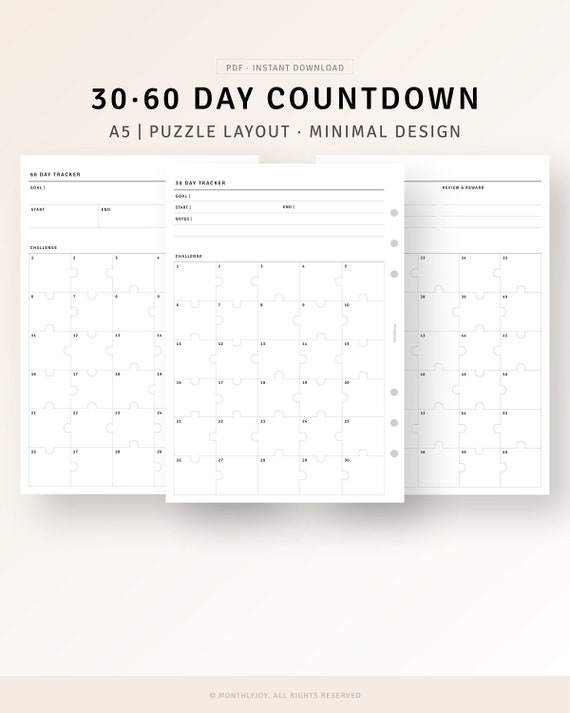 30 60 Day Countdown Tracker Printable A5 Planner Inserts, Habit Challenge, Goal Tracker for Vacation Retirement Wedding, Digital Download