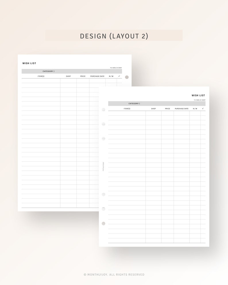 K&ouml;nnte beinhalten: Zwei leere Wunschlisten-Seiten mit einem Rasterlayout. Die Seiten sind f&uuml;r einen Planer oder ein Tagebuch konzipiert. Die Seiten haben Spalten f&uuml;r Artikel, Gesch&auml;ft, Preis, Kaufdatum und Notizen. Die Seiten sind oben mit "WISH LIST" beschriftet.