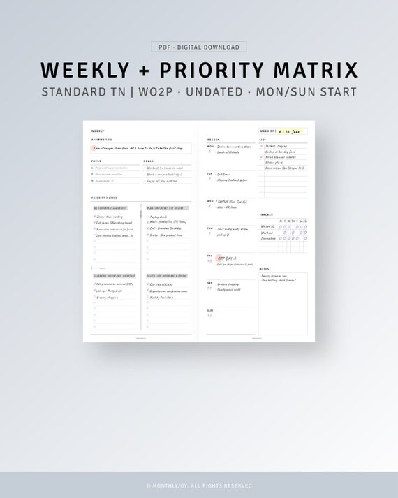 STANDARD TN Undated Weekly Planner + Priority Matrix Printable Productivity Planner, Midori Weekly Agenda Overview Template Digital Download