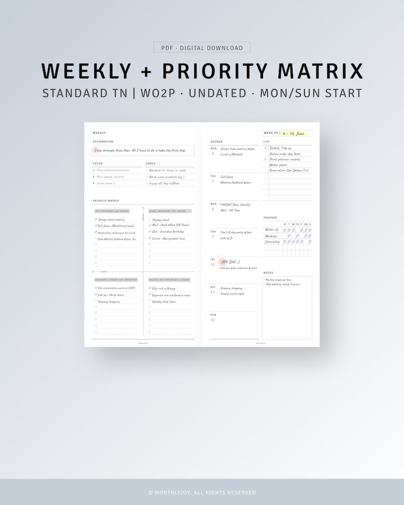 May include: A weekly planner with a priority matrix. The planner is undated and has a Monday/Sunday start. The planner has a weekly affirmation, focus, goals, and a priority matrix. The planner also has a daily agenda, a list, a tracker, and a notes section.
