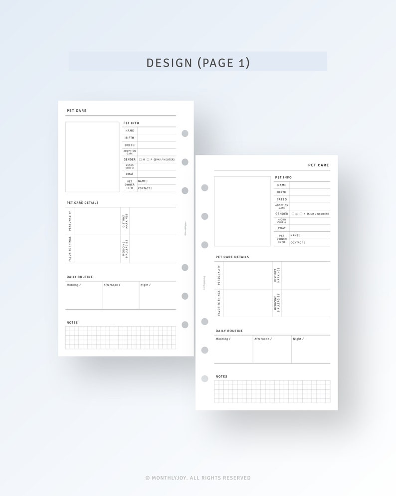 May include: A printable pet care planner with sections for pet info, pet care details, daily routine, and notes. The planner has a minimalist design with black text on a white background.