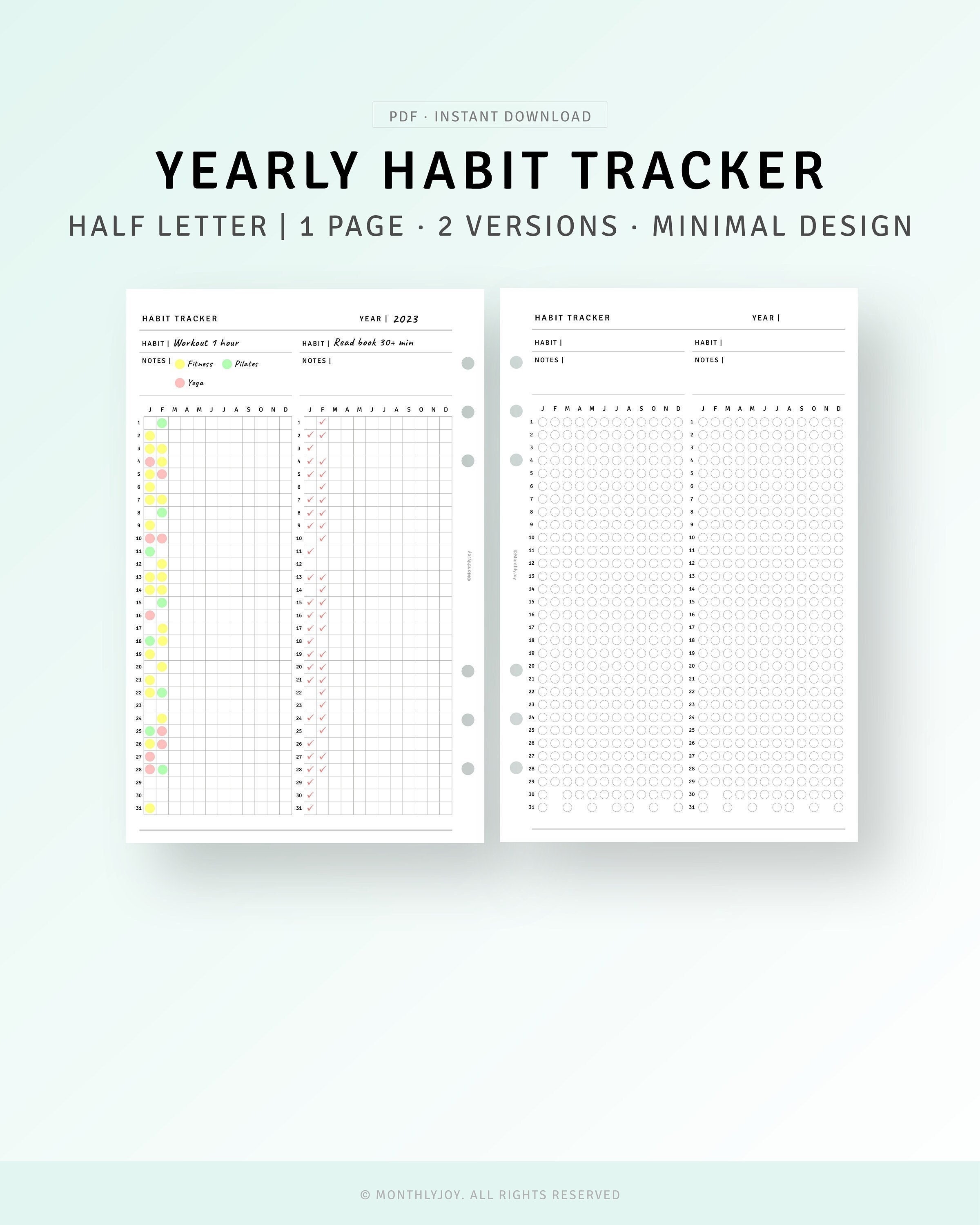 Yearly Habit Tracker Printable Half Letter Inserts, A Year in Pixel, Daily Routine Tracker Template, 365-Day Habit Challenge Goal Tracker