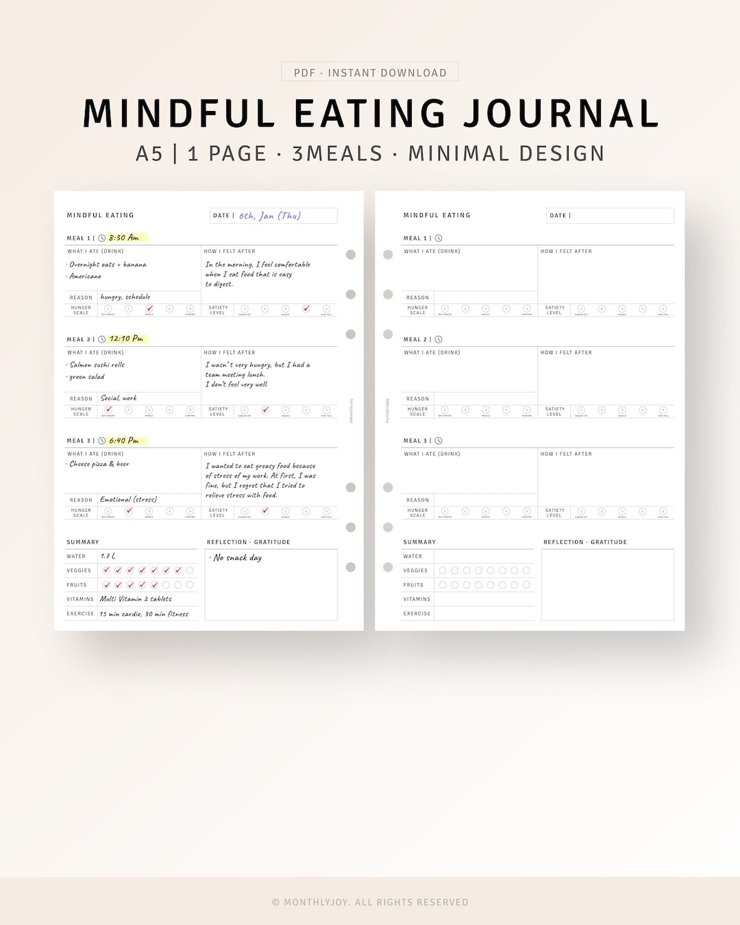 A5, Mindful Eating Food Journal Printable Inserts, Food Log Diary ...