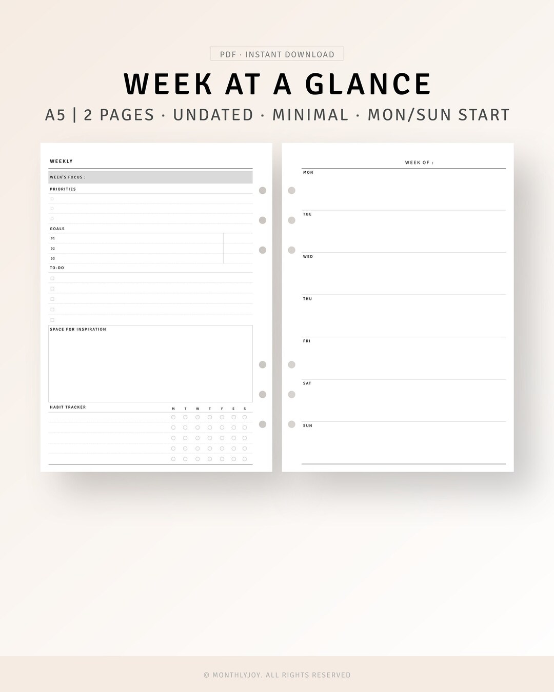A5 Weekly Planner Inserts Printable Week on 2 Pages, Undated Weekly ...