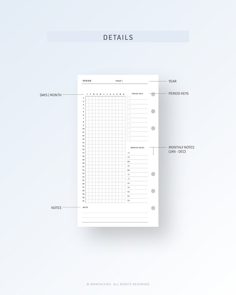 May include: A black and white printable monthly planner page with a grid for days of the month, a section for monthly notes, and a section for period keys. The page is labeled "Days | Month", "Period", "Year", "Monthly Notes (Jan-Dec)", "Year", and "Period Keys".