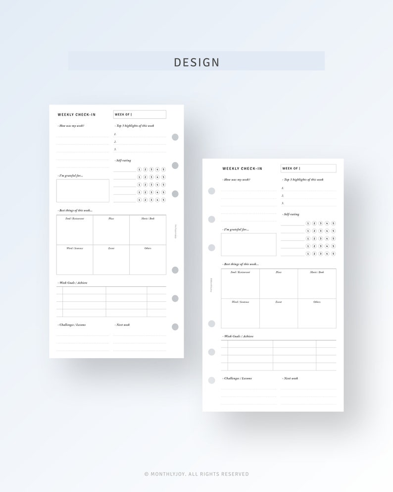 May include: A black and white printable planner page with the text "Weekly Check-In" and "Week of 1". The page includes sections for "How was my week?", "Top 5 highlights of this week", "I'm grateful for...", "Self-rating", "Best things of this week", "Mind Goals/Achieves", "Challenges/Lessons", and "Next week".