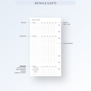 May include: A black and white printable planner page with the title "Details (Left)". The page is divided into sections for yearly finance, income, expenses, and a summary of total income, total expenses, savings, and surplus/deficit. The page also includes a section for monthly income and expenses from January to June.