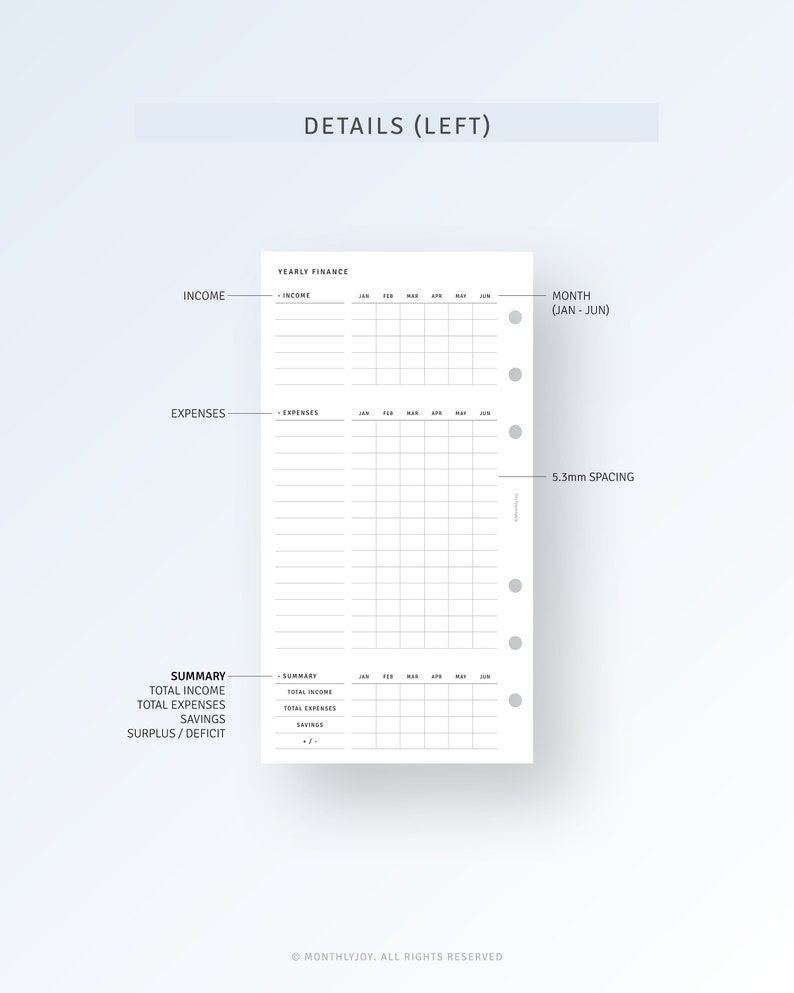 May include: A black and white printable planner page with the title "Details (Left)". The page is divided into sections for yearly finance, income, expenses, and a summary of total income, total expenses, savings, and surplus/deficit. The page also includes a section for monthly income and expenses from January to June.