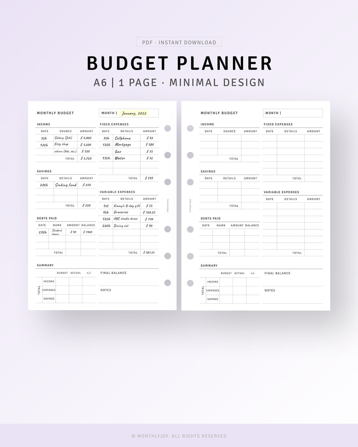 Monthly Budget Planner A6 Inserts Printable Budget Tracker - Etsy