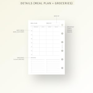 May include: A printable meal planner and grocery list template. The template is divided into sections for meal planning and grocery shopping. The meal planning section includes columns for breakfast, lunch, dinner, and snacks. The grocery list section has a space for writing down groceries. The template is designed to help people plan their meals and groceries for the week.