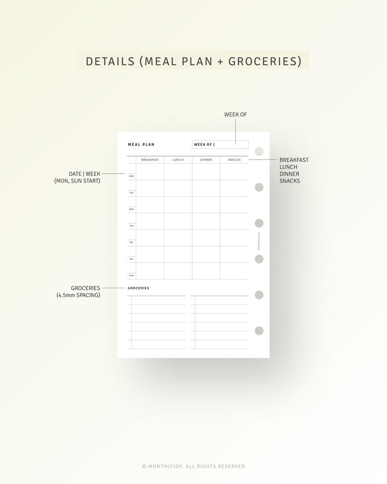 May include: A printable meal planner and grocery list template. The template is divided into sections for meal planning and grocery shopping. The meal planning section includes columns for breakfast, lunch, dinner, and snacks. The grocery list section has a space for writing down groceries. The template is designed to help people plan their meals and groceries for the week.