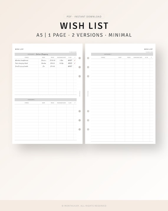 Wish List Insert Printable A5 PDF, Shopping Wishlist Tracker Template, Minimal Planner Refill Sheet for Gift and Holiday Planning