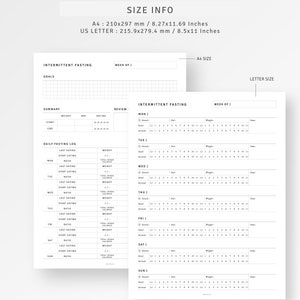 May include: Printable intermittent fasting tracker with a grid layout. The tracker includes sections for daily fasting log, weight, and ratio. The tracker is designed for a week of intermittent fasting.