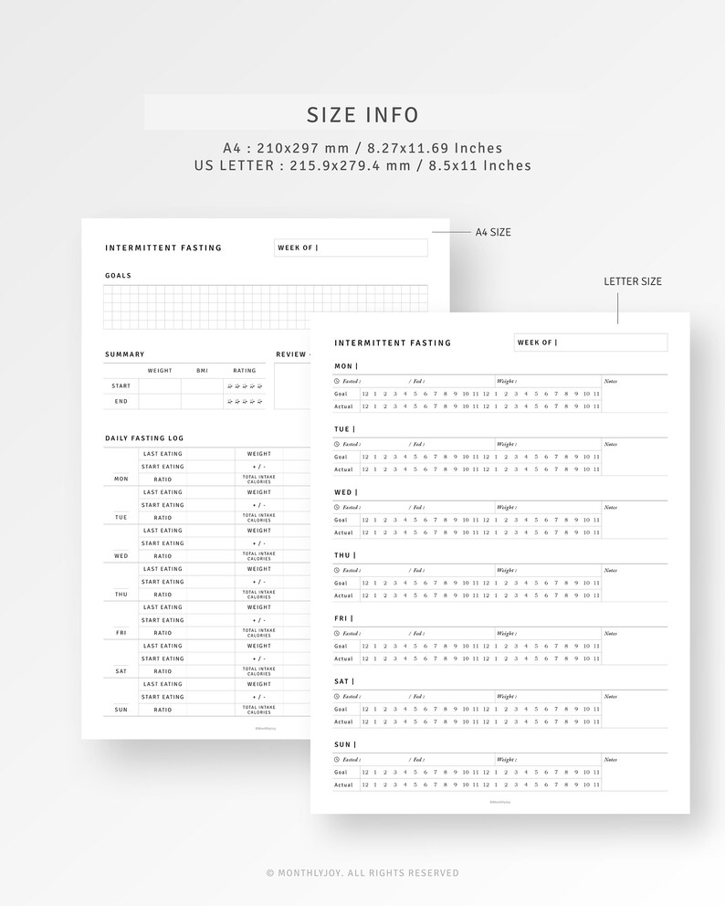 May include: Printable intermittent fasting tracker with a grid layout. The tracker includes sections for daily fasting log, weight, and ratio. The tracker is designed for a week of intermittent fasting.
