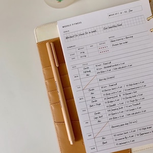 May include: A weekly fitness planner with a white background and black grid lines. The planner includes a section for goals, a summary of weight and BMI, and a daily workout schedule. The workout schedule includes cardio, abs, arm, butt and thigh, legs and butt, and back exercises. The planner also includes a section for notes and a rating system.