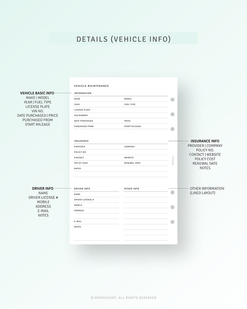 Vehicle Maintenance Log Printable Half Size Inserts, Car Care Service ...