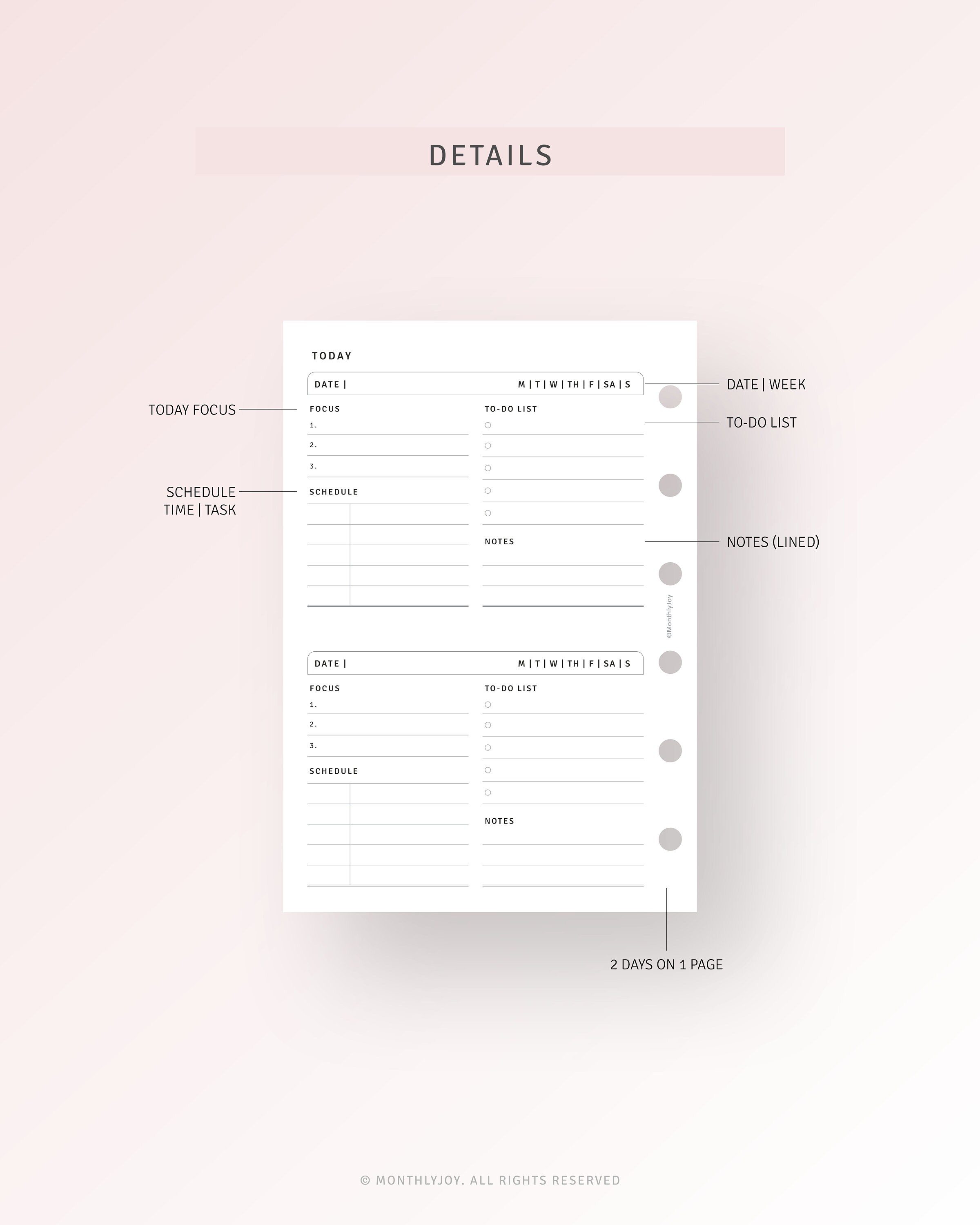 Undated Daily Planner Printable Pocket Plus Inserts, 2 Days on 1 Page ...