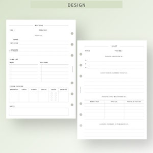 Peut inclure: Une page de planificateur quotidien imprimable avec des sections pour le matin, la nuit et l'alimentation et l'exercice. La page comprend des sections pour l'heure, le sentiment, la concentration, l'intention, la liste de t&acirc;ches, le travail, les soins personnels, le petit-d&eacute;jeuner, le d&eacute;jeuner, le d&icirc;ner, les collations, l'eau, l'exercice, le travail/t&acirc;che, le physique, le mental et l'&eacute;motion, et l'attente du lendemain. La page est con&ccedil;ue pour &ecirc;tre utilis&eacute;e avec un planificateur &agrave; reliure &agrave; disque.